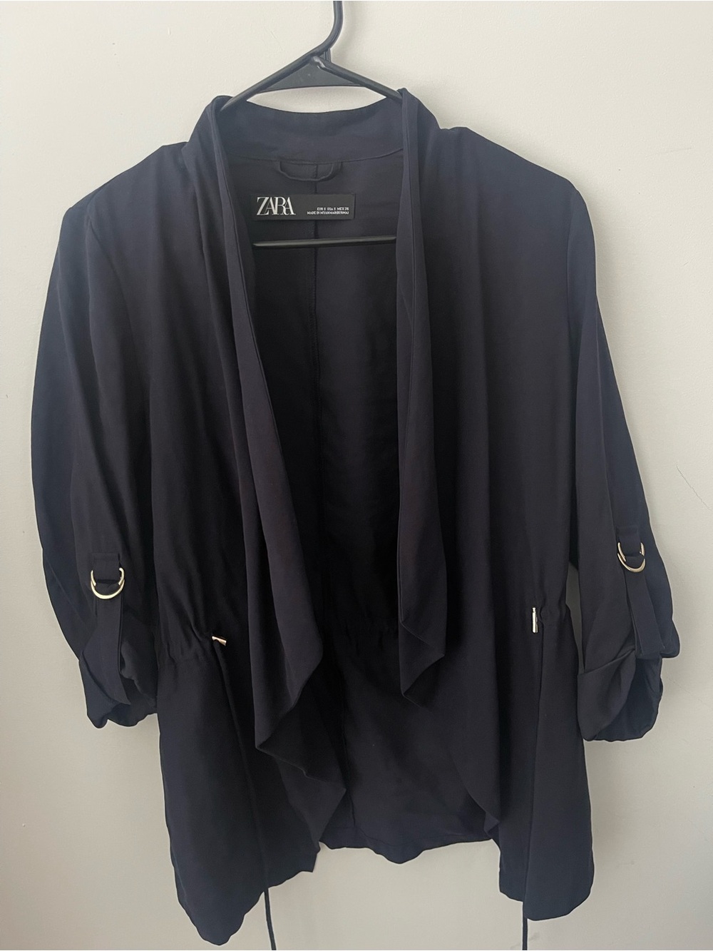 ZARA Women's Draped Open Front blazer in Navy with light gold hardware